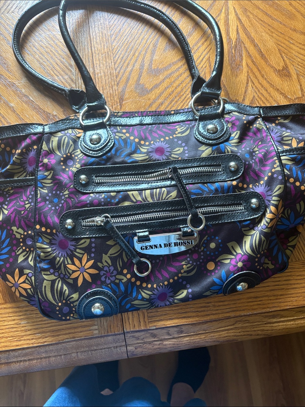 Genna De Rossi Purple Floral Shoulder Bag with Black Trim